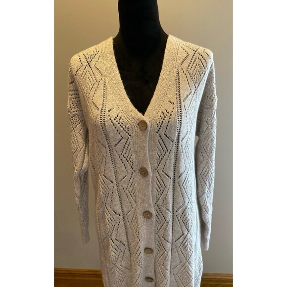 Cardigan Casual Long Size Large  Dark Cream Tan Pointelle Knitted Button Front - Picture 2 of 10